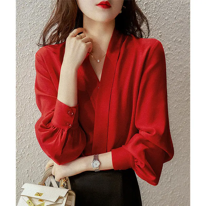 Elegant V-Neck Solid Color Lantern Sleeve Blouse Women\'s Clothing 2022 Autumn New Office Lady Tops Loose Long Sleeve Chic Shirt