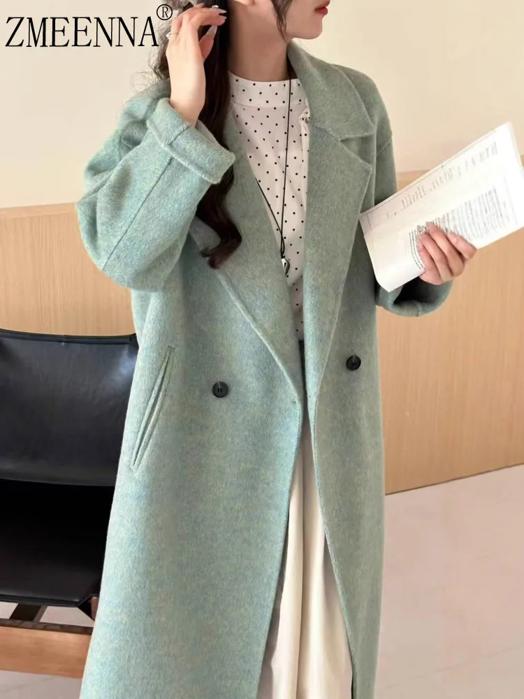 

ZMEENNA Womens Chic Mint Green Wool Blend Long Coat With Wide Notched Lapels Double Breasted Winter Outerwear ZM3697