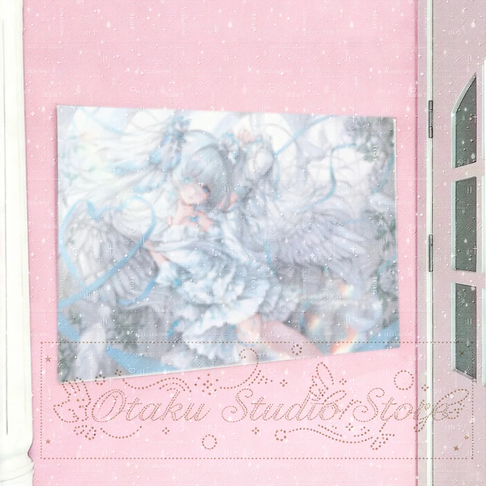 Angel Lolita tapestry しらつゆ，pale blue winged girl wall hanging, frilly dress ribbon white rose print, soft dreamy bedroom decor