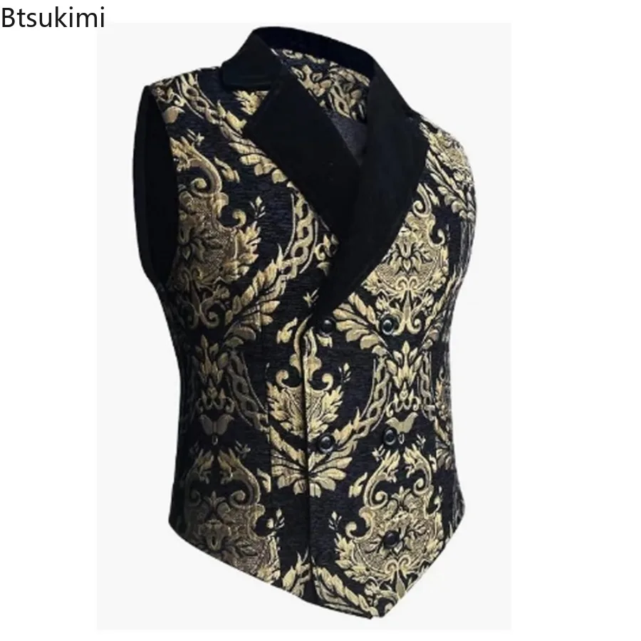 New Men's Vintage Jacquard Waistcoats Double Breasted Slim Suit Vest Medieval Renaissance Sleeveless Vest Jacket Cosplay Costume