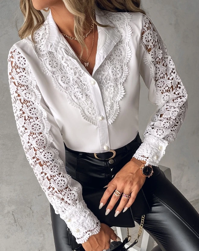 بلوزة دانتيل غيبور أنيقة للنساء ، أكمام فانوس ، تصميم أزرار ، ملابس نسائية ، موضة غير رسمية ، جديدة ، خريف ، شتاء ، ربيع ، 2023