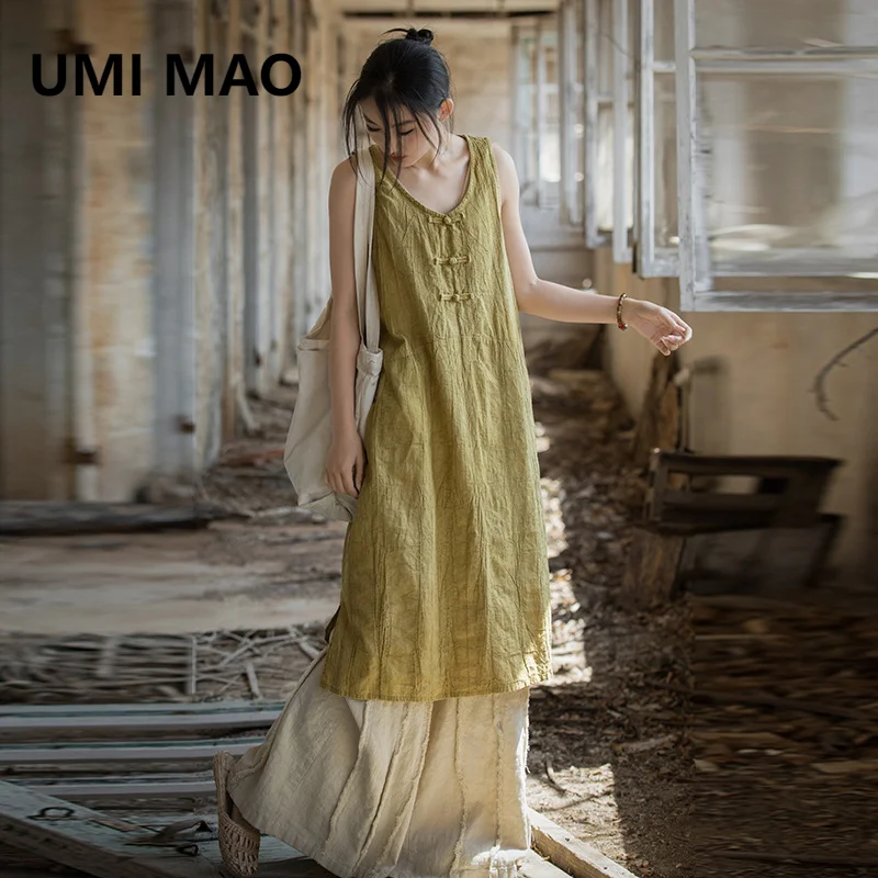 

UMI MAO Summer Thin Dresses Ramie Cotton Handmade Tie Dyed Cotton Women's Original Button Chinese Style Women's Dress Y2K