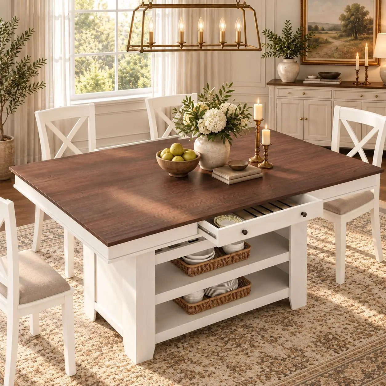 Counter Height Dining Table Wine Rack Shelves Drawers Wood Tall Kitchen Farmhouse Retro White Brown