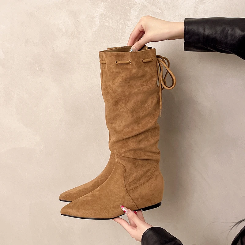

Inside Heightened Tall Boots Autumn New Pointed Toe Suede Lace-Up Rear Soft Sole Anti-Slip Wear-Resistant Low Heel Shoes