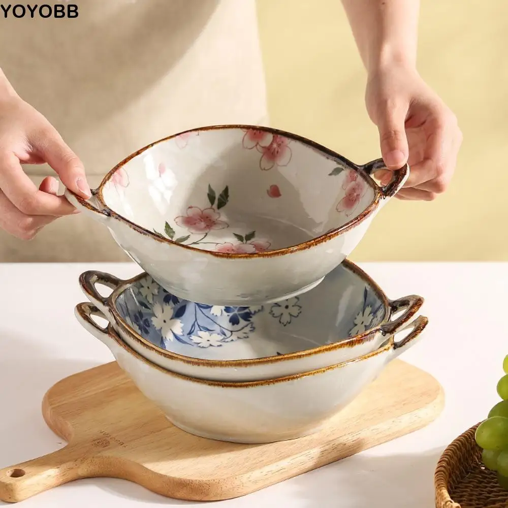 

Household 7.5inch Japanese Noodle Bowl 700ml Binaural Handle Soup Bowl Ceramic Retro Salad Bowl Oven