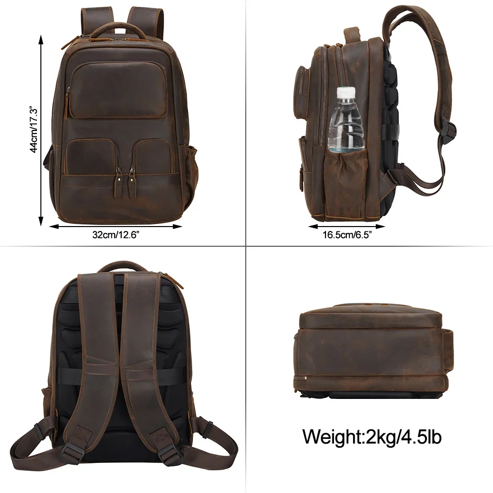 Custom LOGO Vintage Pure Cowhide Laptop Back Pack Bag With USB Charging Port Men Full Grain Genuine Cow Real Leather Backpack