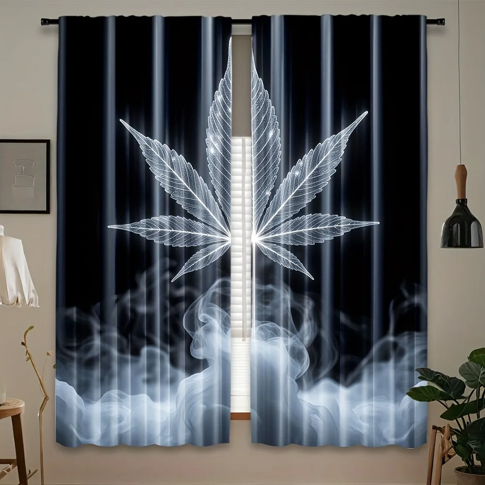 2 Pack Weed Leaf Curtains Marijuana Smoke Dark Background Print Drape Man Cave Bedroom Curtains Psychedelic Cool Home Decor
