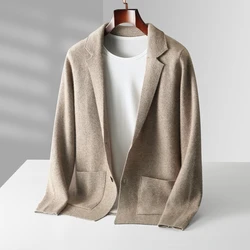 Cárdigan 100% de lana pura para hombre, suéter acolchado, Chaqueta de traje informal, suéter de punto, otoño e invierno, 2024