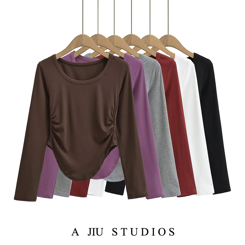 تي شيرت نسائي طويل بقصة ضيقة من Sve ملابس داخلية مستديرة Ne Fce قاعدة irt Pure Desire Street Sle ort Length مطوية #1