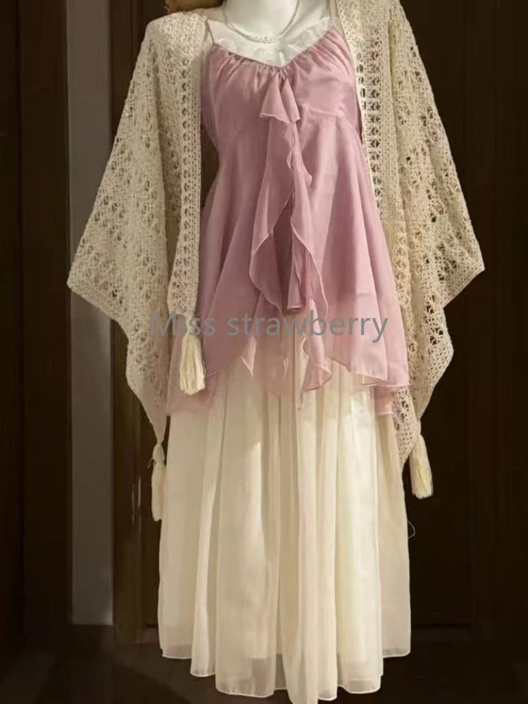 Summer Vintage Sweet Sling 2-piece Set Women Design Chic Loose Chiffon Fairy Suit Female Japanese Elegant Thin New Clothing 2025 image 6