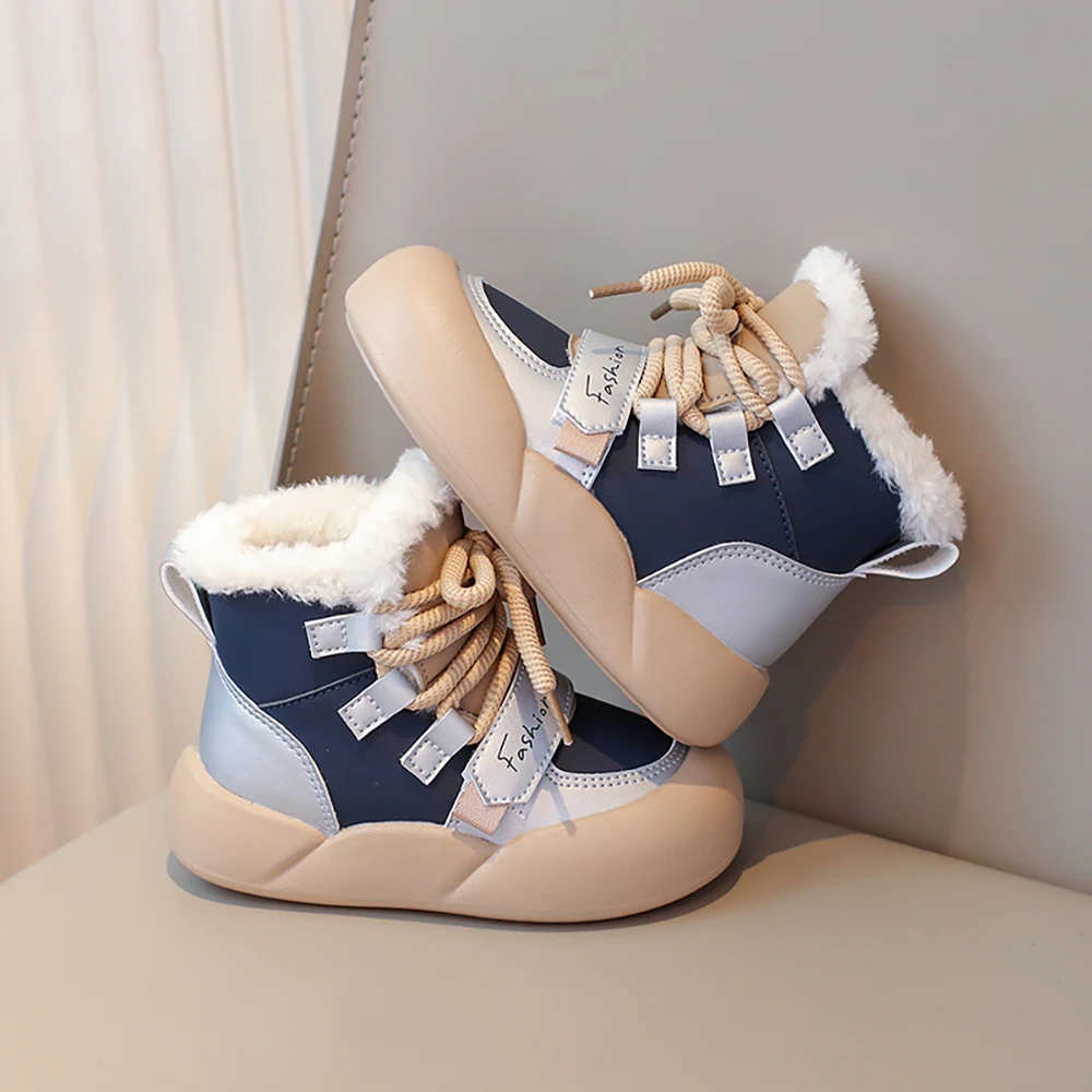 Botas de invierno de cuero PU para niños, botas de nieve de felpa para niños, zapatos de algodón impermeables, zapatos de cuero PU a la moda para niños