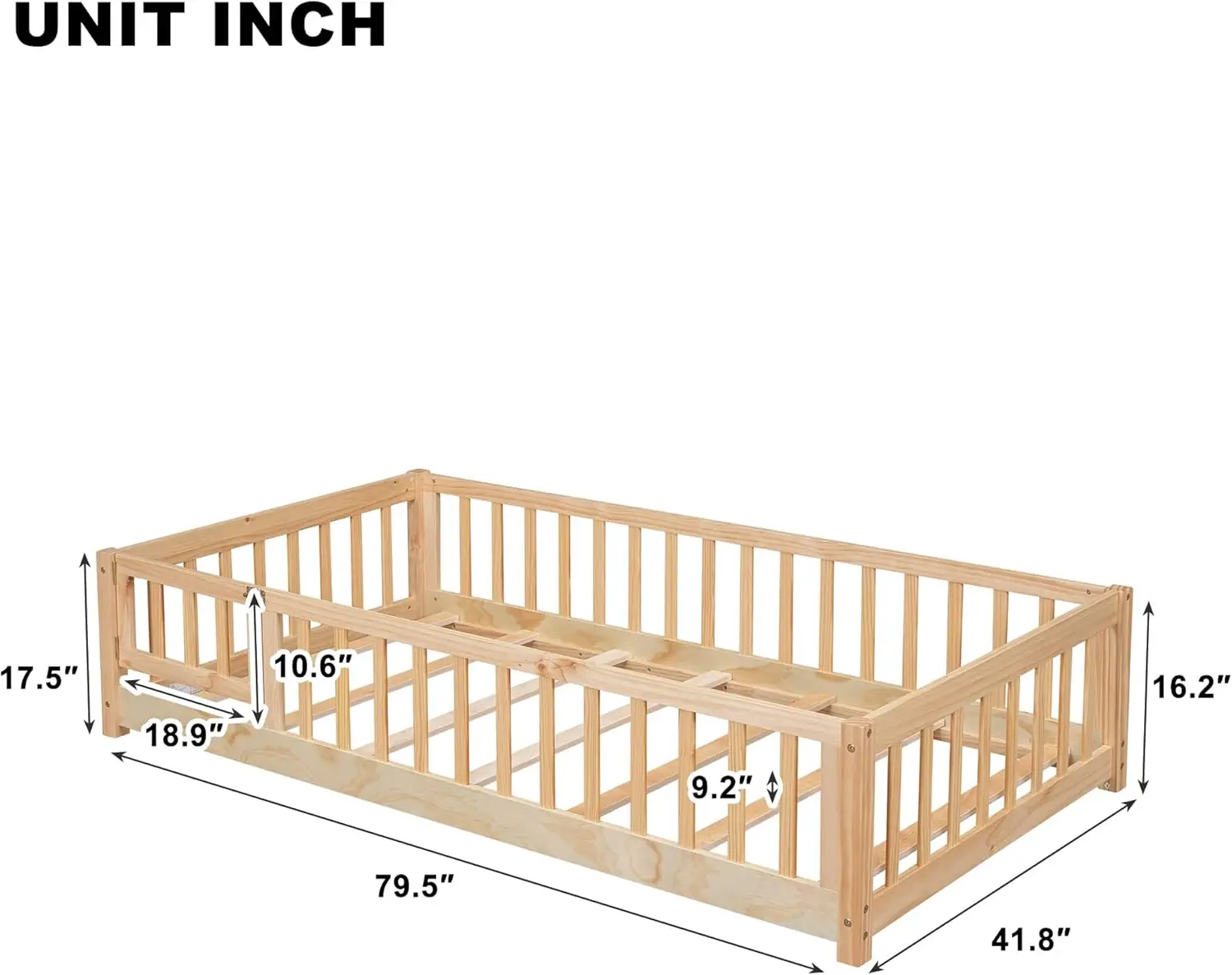 Cama de chão de tamanho duplo com porta e cerca para crianças, cama de chão montessori com ripas e guarda-rails de segurança, cama de sol de madeira maciça