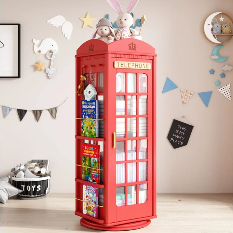 Telephone Booth Rotating Bookshelf 360-Degree Bookcase Household Solid Wood