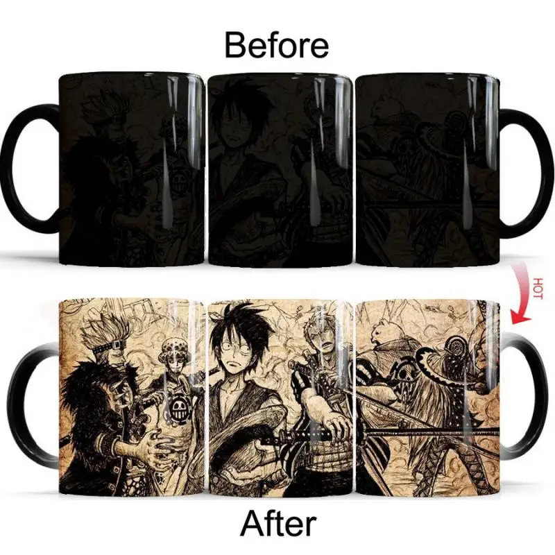 Cartoon One Piece Kidd Luffy Mug Ins Heat-Sensitive Hand-Painted Color-Changing Coffee Cup Home Daily Holiday Gifts