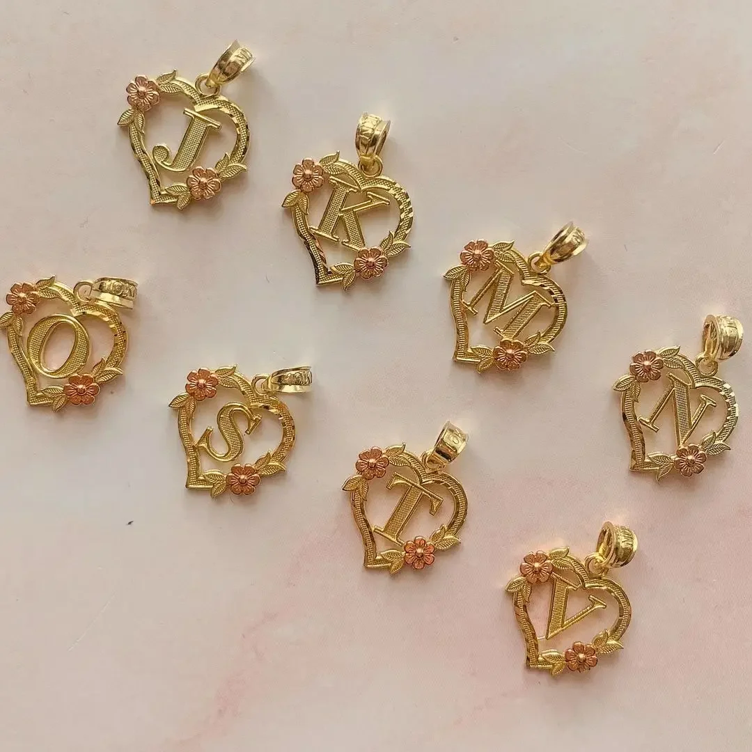 

CUSTOMIZED GOLD PLATED HEART FLOWER INITIAL LETTER PENDANT WITH FIGARO CHAIN 24" 4MM Name Necklace Heart Valentines Day Gift