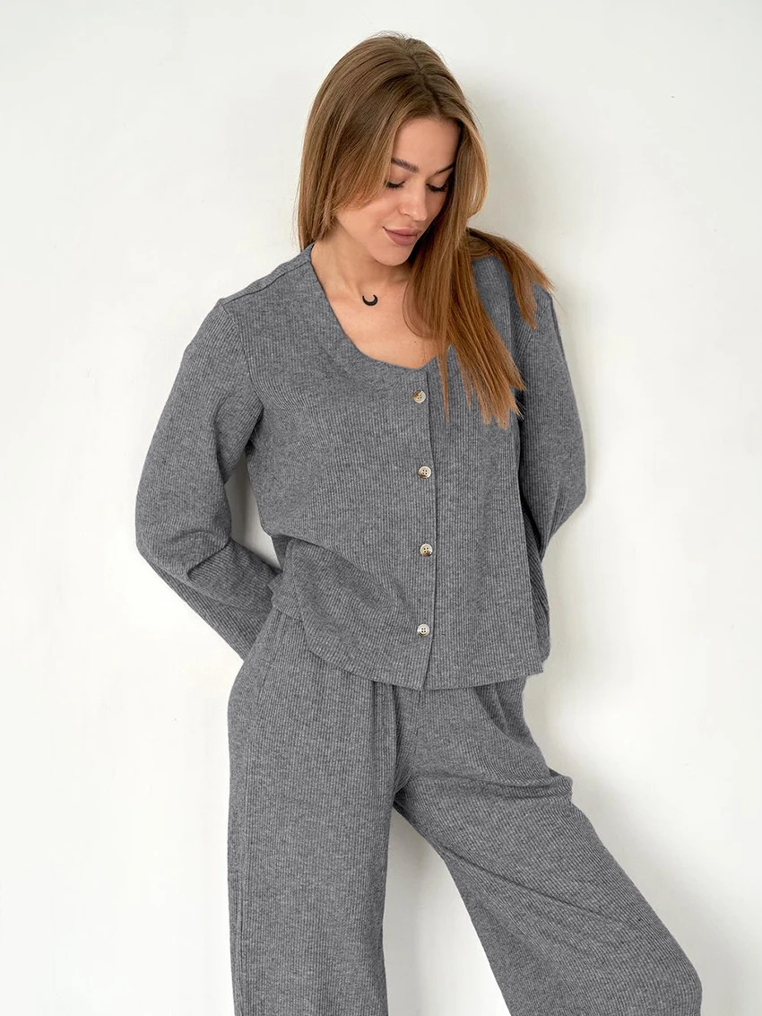 Marthaqiqi Pigiama da donna lavorato a maglia Completo da notte sexy con scollo a V Camicie da notte a maniche lunghe Pantaloni a gamba larga Set da notte casual da donna