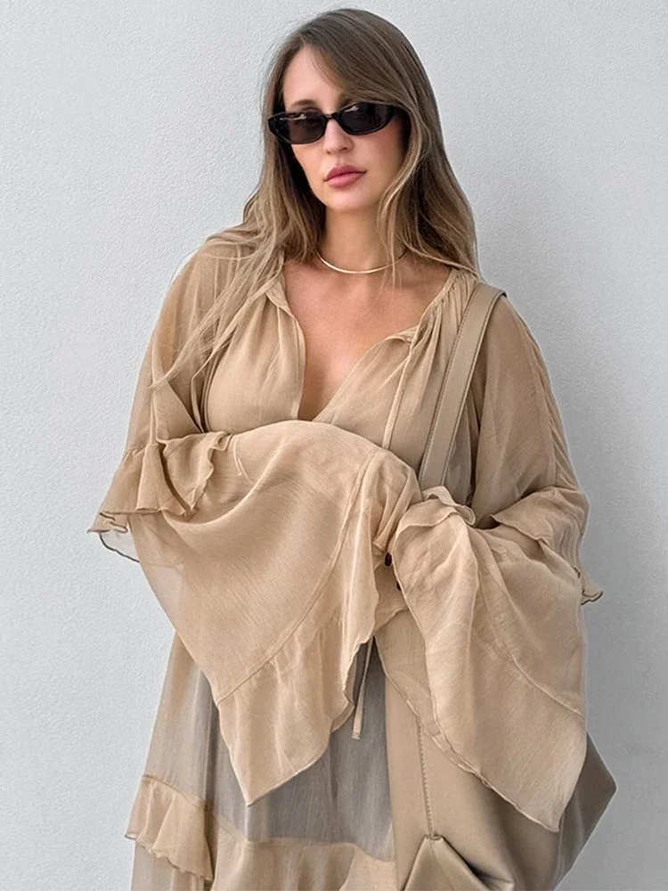 Trendix Fashion Oversized Cover Up Dress Women 2025 V Neck Loose Streetwear Casual Long Sleeve Maxi Dress Femme Ruffle Dresses - Image 3