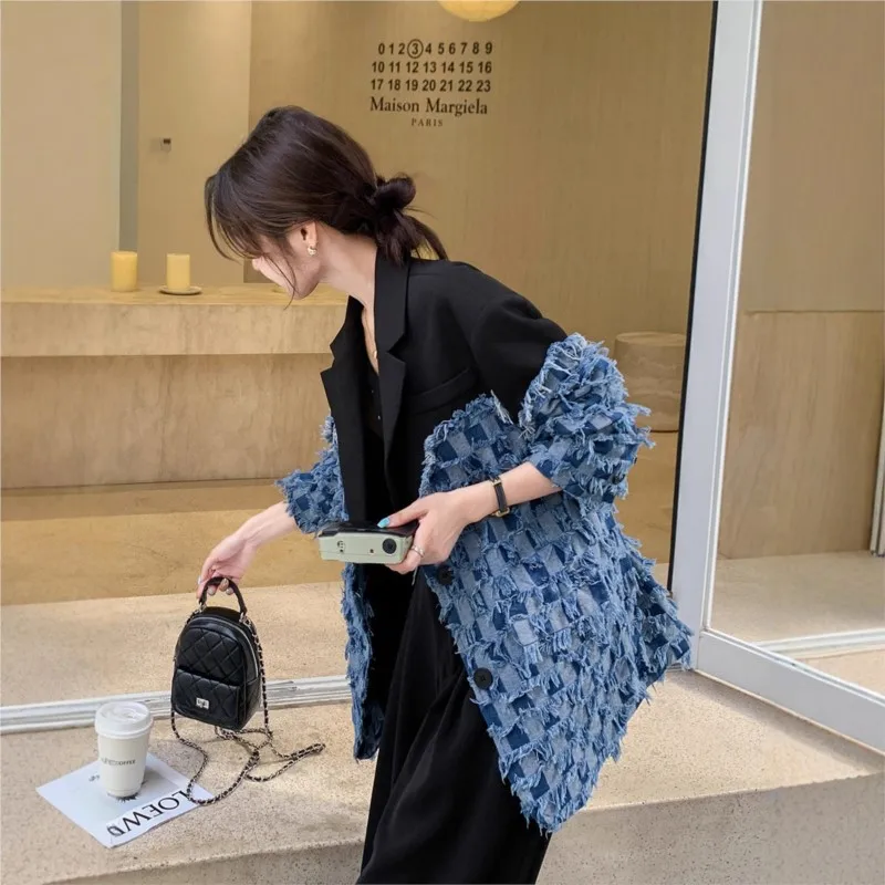 Cowboy patchwork suit jacket for women's spring and autumn new style checkered fringe suit