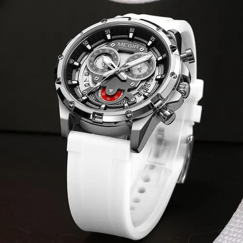 Imagen 2 del producto Reloj de cuarzo MEGIR para hombre con correa de silicona blanca Manecillas luminosas Reloj de pulsera cronógrafo deportivo resistente al agua con calendario