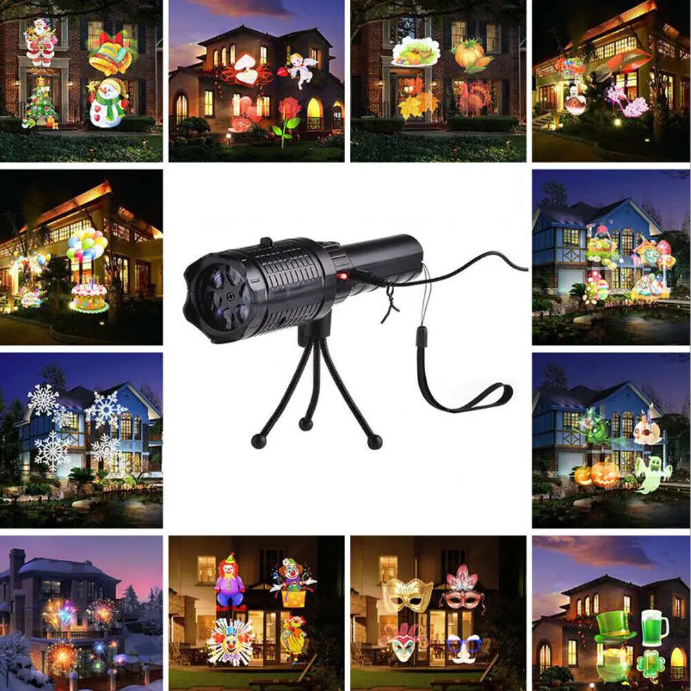 Christmas LED Laser Lights Outdoor Moving Landscape Snowflake Santa 12 Pictures Projector Light Xmas Decoration