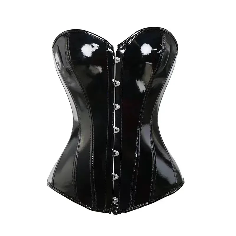 Black Pvc Corset Lace-up Shiny Leather Bustier Overbust Burlesque Costumes Body Shaper Sexy Women Plus Size