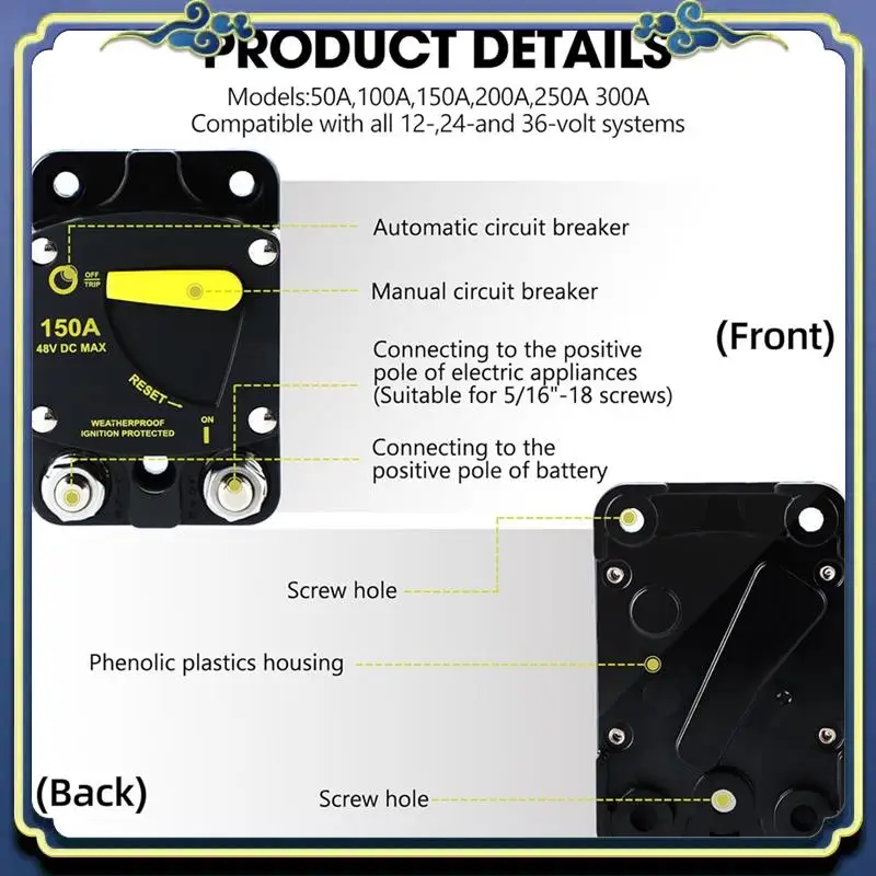 

AU16-150 Amp Circuit Breaker With Manual Reset Switch High Amperage For Marine Rvs Yacht Trolling Boat Battery Solar System