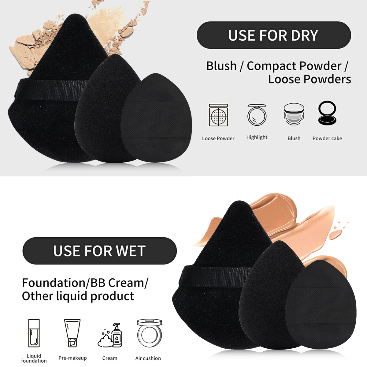 MAANGE 1PCS Foundation Makeup Brush with 9PCS Makeup Puff Contour Blush Makeup Brush Triangle Powder Puff Soft Finger Sponge