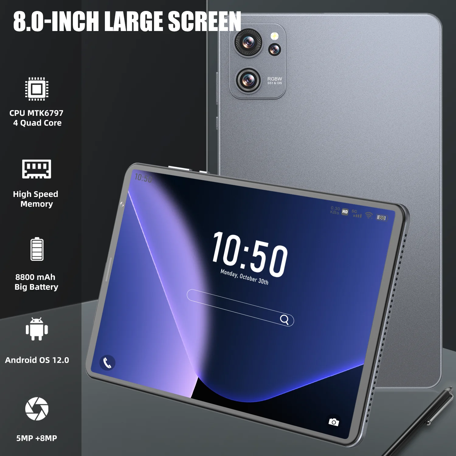 VERYHDSN Original Tablet Android 12 GPU Quad Core TouchScreen 8 Inch HD Screen Touch Smartphone 5MP 13MP 8800mAh Wifi Tablet Pad