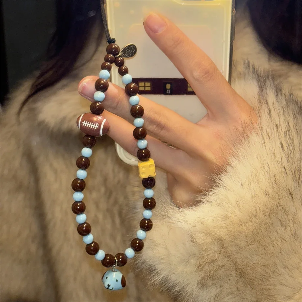 Korean Blue Puppy Rugby Beaded Phone Charm Strap Pendant for iPhone Samsung Accessrioes Stylish Cheese Chain Lanyard Hanging