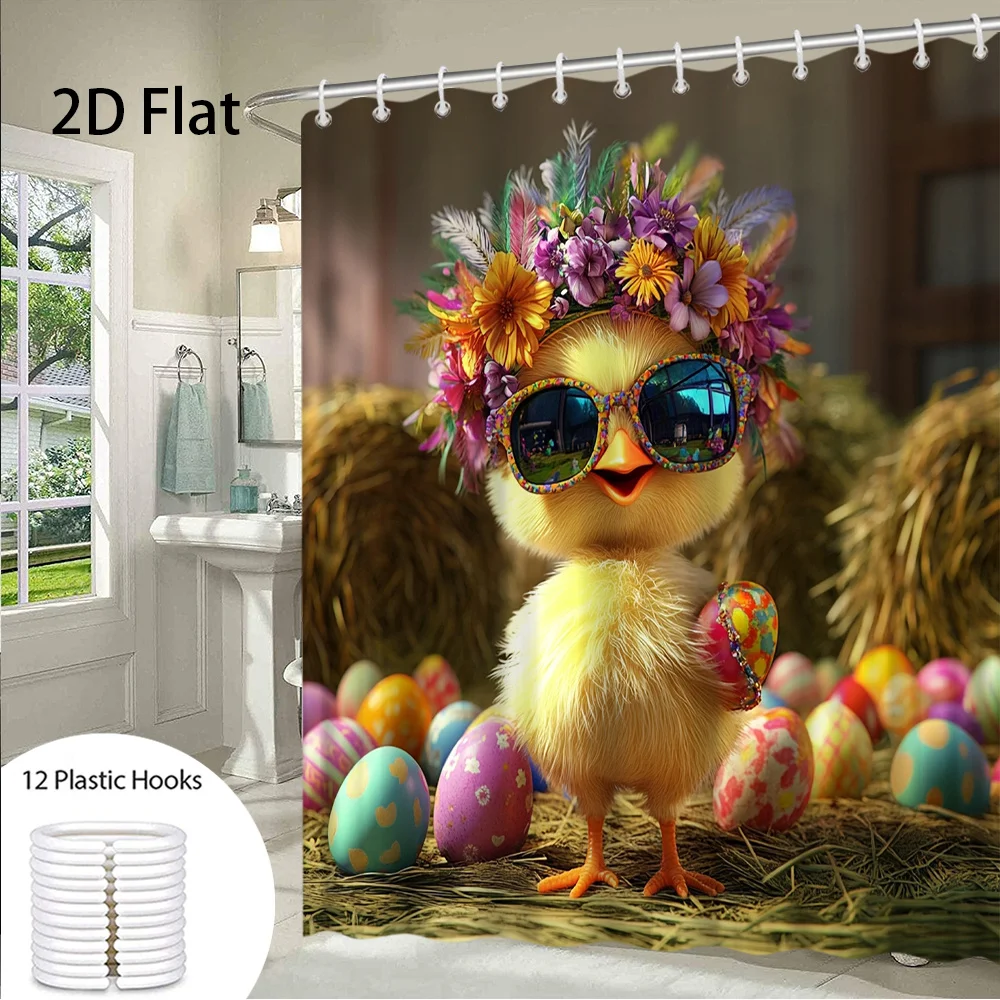 1pc 2D Flat Shower Curtain, Easter Chick Floral Crown Colorful Eggs Printed Shower Curtain, Decor for Bathroom