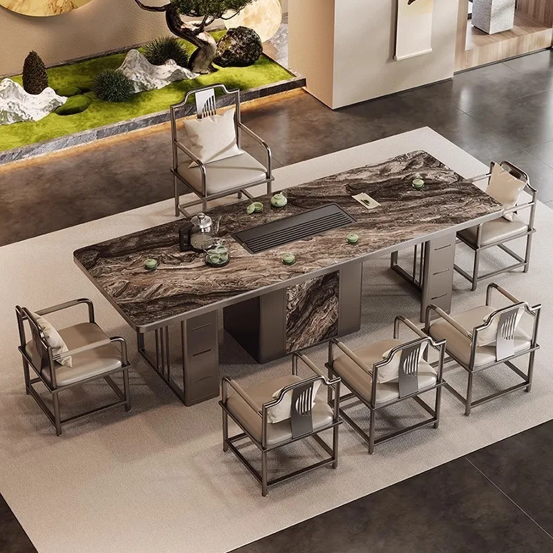 

2025 new high-end luxury stone slate combination tea table and chair light luxury modern designer simple office tea table