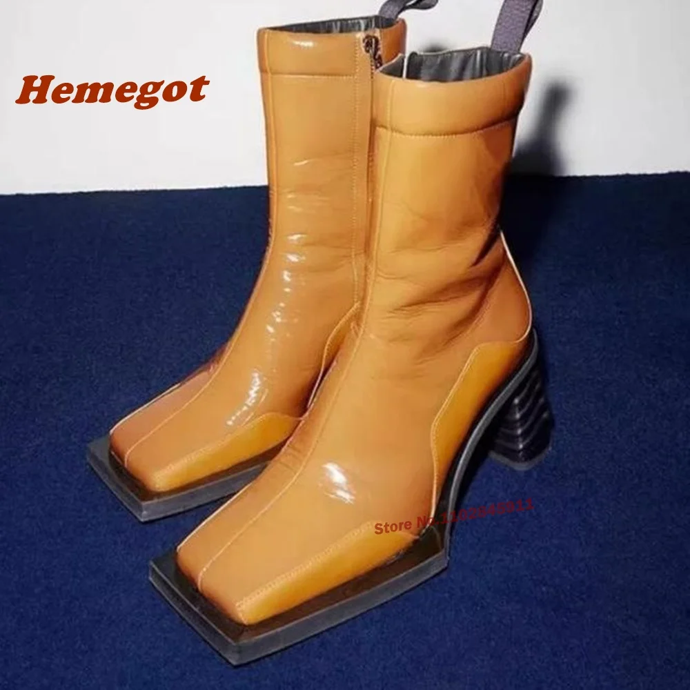 Chelsea Boots Square Toe Strange Style Short Booted Women Side Zipper Pink Orange Black Winter Luxury Shoes Casual Solid Leather