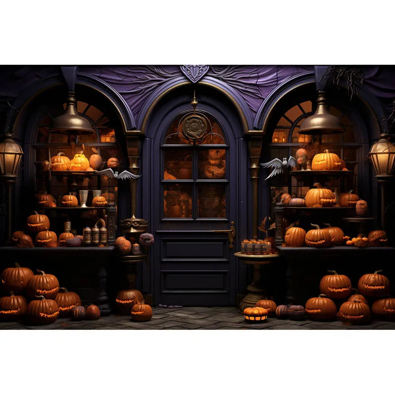 هالوين خلفية التصوير الفوتوغرافي ، ليلة مخيفة ، اكتمال القمر والقلعة القديمة ، خلفية الديكور ، لوازم الحفلات المنزلية ، اليقطين والمنزل