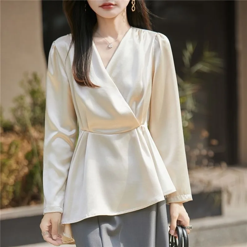 

Женская атласная блузка с запахом, длинным рукавом, V-образным вырезом и пэплумом, элегантная офисная одежда