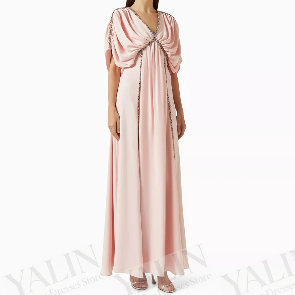 

Women's A-line Evening Dresses Ankle-length V-neck Short Sleeve Prom Gown Fashion Sequined Simple Draped Customized Gowns