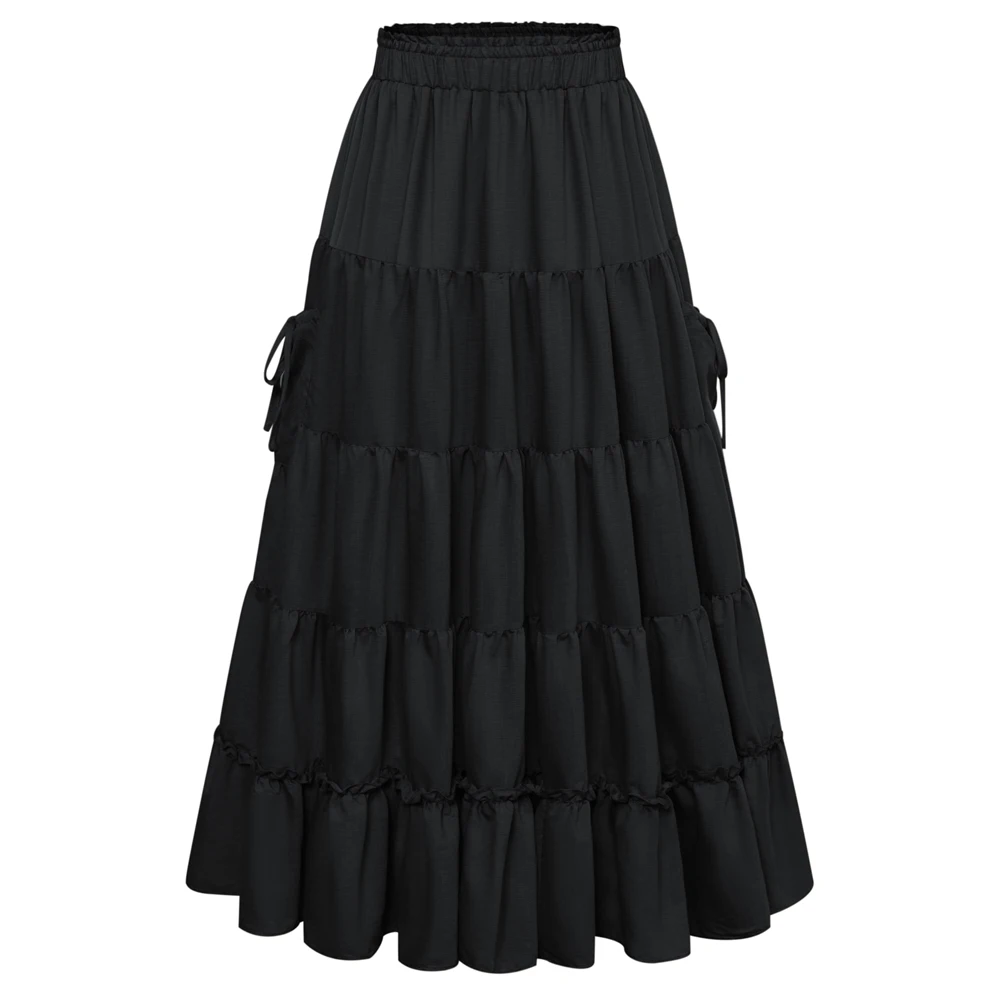 SD Women Vintage Renaissance Tiered Swing Skirt High Waist Comfy Elastic Waist Maxi Skirt Elegant Drawstring Ruched Skirts