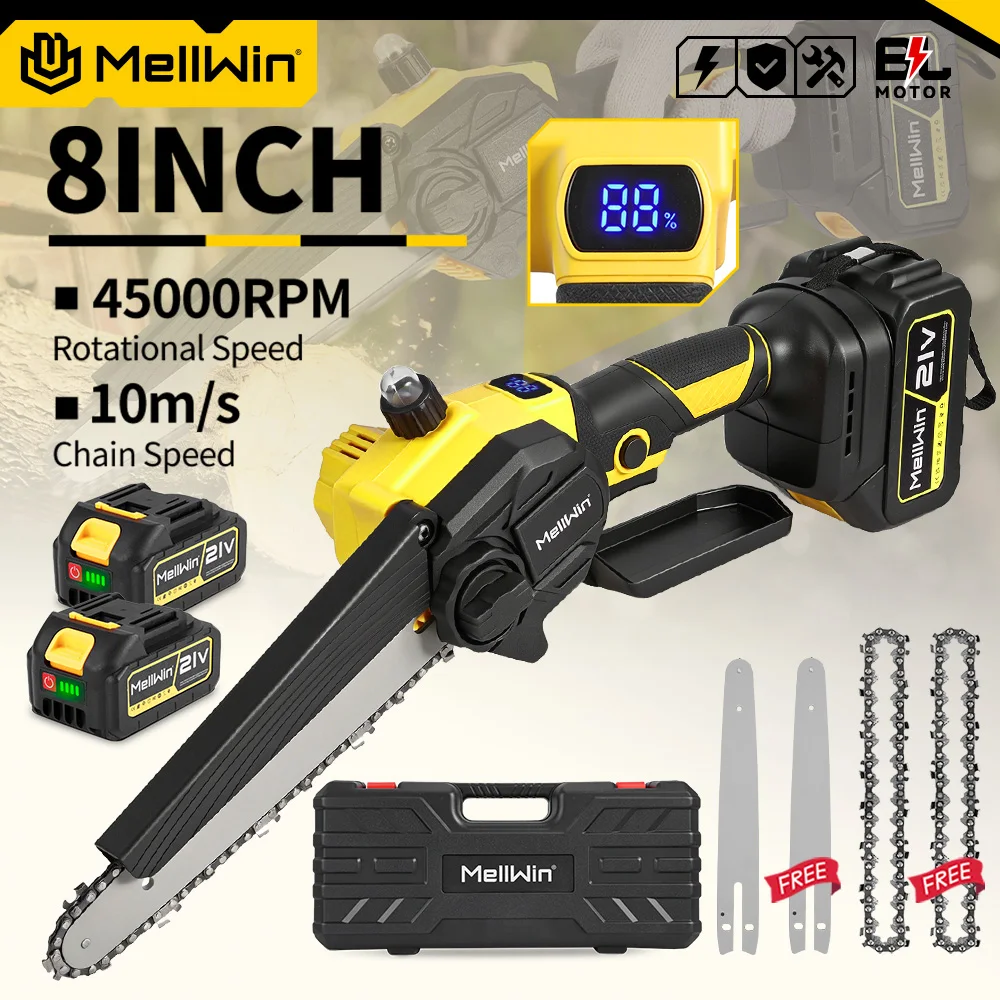 MELLWIN Bürstenlose 8-Zoll-Elektrokettensäge mit automatischer Ölschmierung, Mini-Hand-Astschere, Holzbearbeitungs-Schneidewerkzeug für Makita 18V Akku.