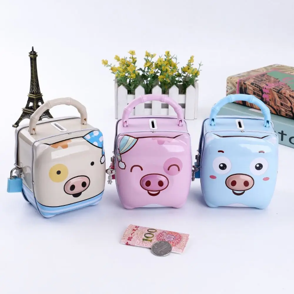 Cartoon Piggy Money Bank Pig Shape Tinplate Coins Storage Box with Lock Key Coin Bank Money Saving Box for Student Award