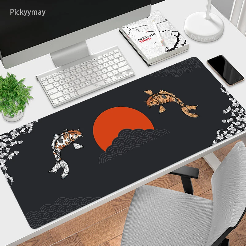 Alfombrilla de ratón de Japón Fish Art, accesorios para juegos, alfombrilla grande para escritorio, tapete Koi para mesa Xxl, Alfombrilla negra para ratón 900x400 para oficina