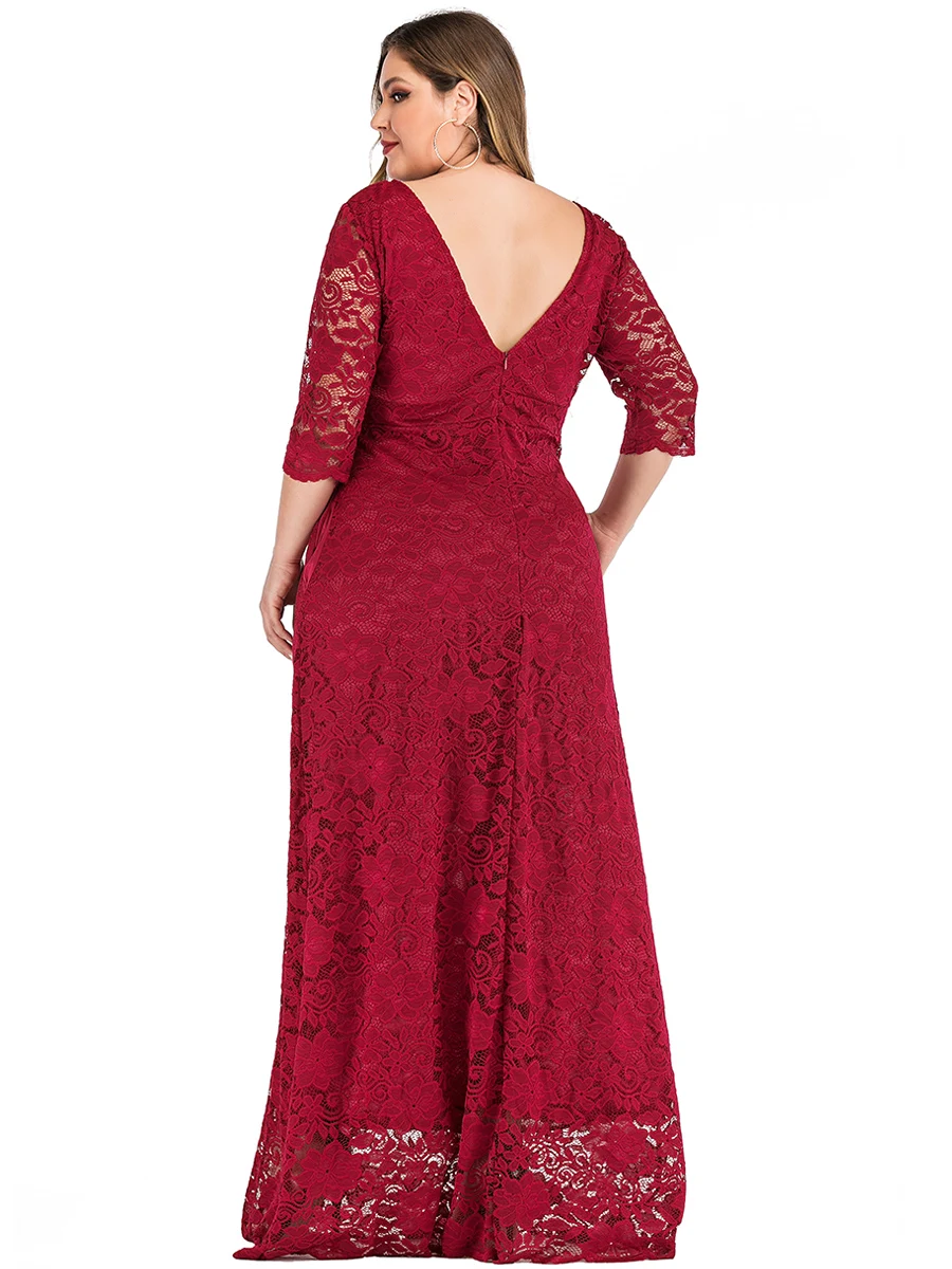 Plus Size Lace Party Dress Woman Summer V Backless Elegant Sexy Eveing Club Dress Pockets Floor Length Maxi Long Dresses