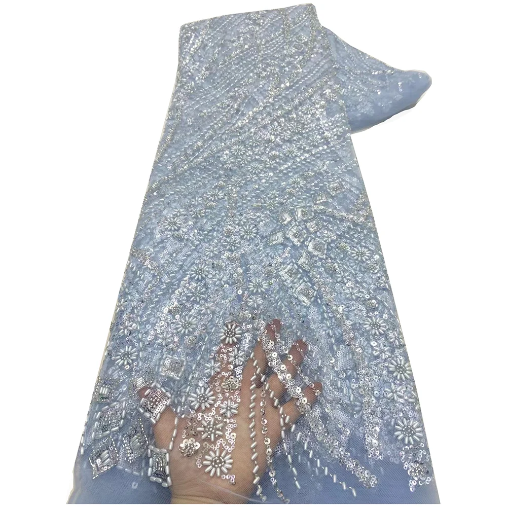 Новейшая роскошная кружевная ткань с вышивкой бисером и камнями, 5 ярдов, элегантное африканское кружево с бусинами для шитья свадебного платья 2025