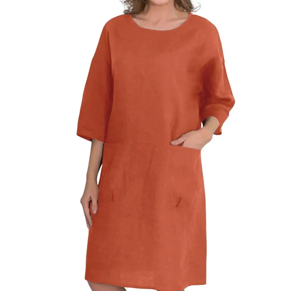 

Женское длинное платье из хлопка и льна, повседневное свободное однотонное платье в стиле ретро с коротким рукавом и круглым вырезом, с карманами, весна-лето