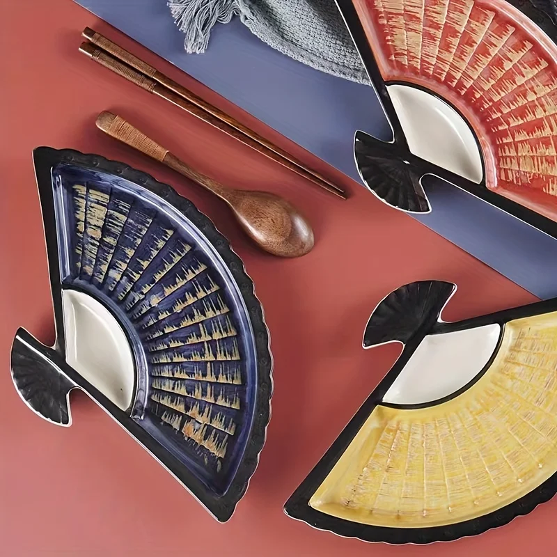 Underglaze‑Color Semi‑Circular Divided Ceramic Plate,Japanese Dumpling Sushi Serving Tray with Dipping Sauce Dish,Microwave‑Safe