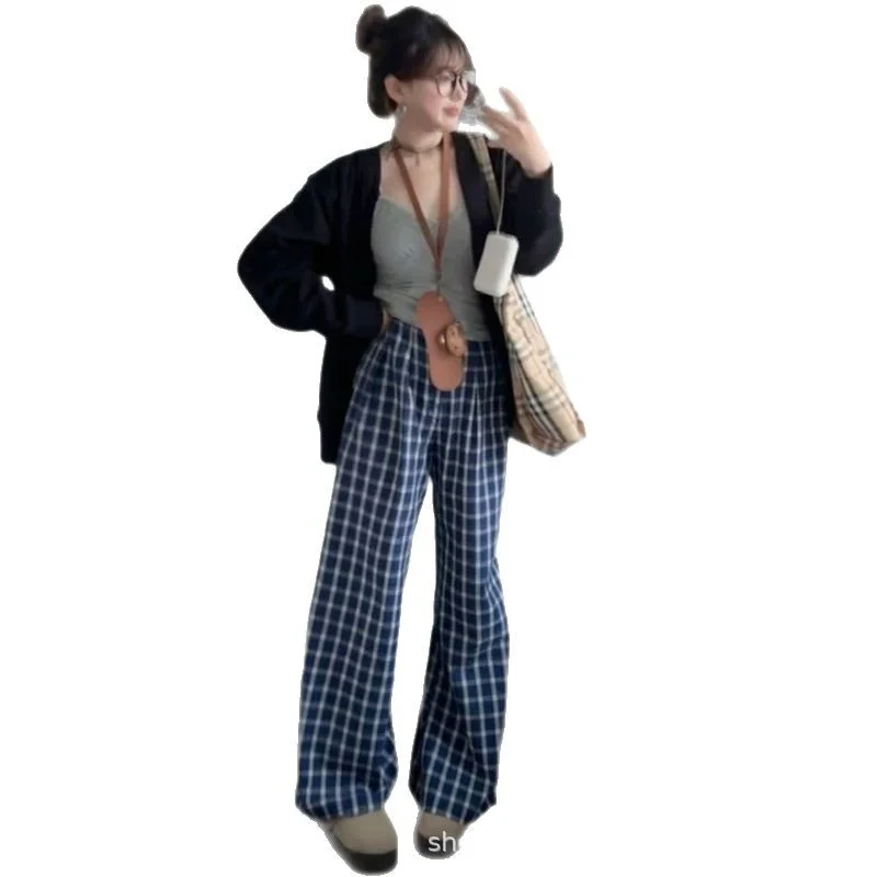 Checkered Pants Women Summer New High Waist Loose Casual Trousers Lazy Style Flowy Design