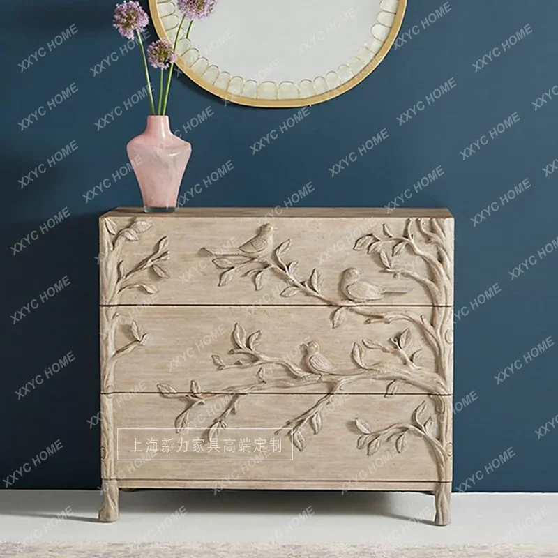 A  All solid wood relief chest American country bedroom high edge art large bedside table storage