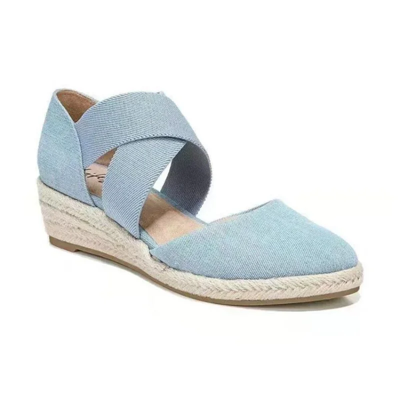 Women Sandals Summer Fashion Solid Color Espadrilles Casual Cross Belt Casual Wedge Sandal Fashion Outdoor Beach Ladies Shoes