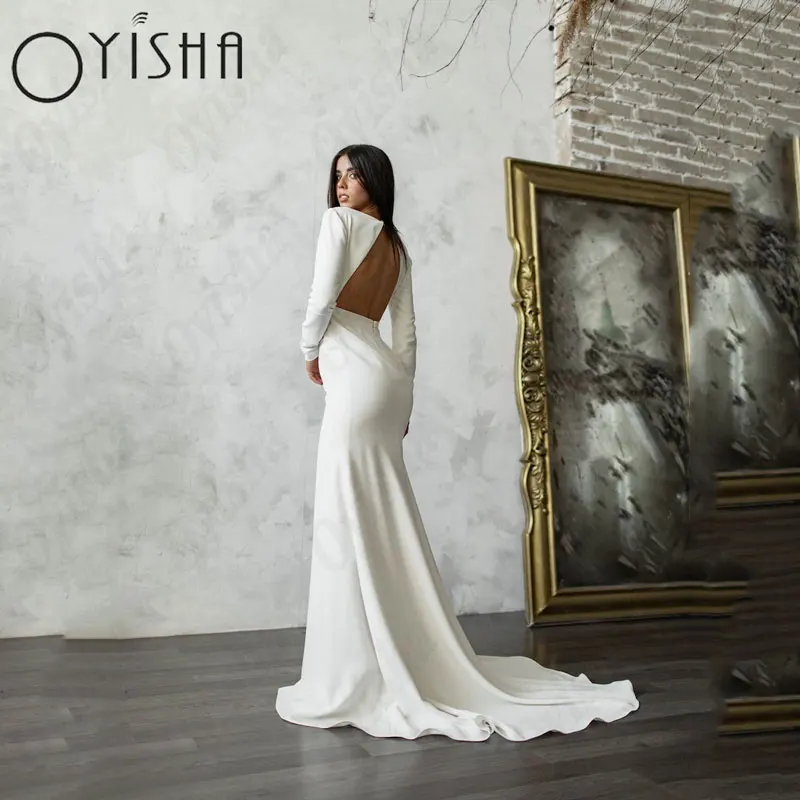 OYISHA colher mangas compridas vestidos de casamento requintado cetim sereia backless simples vestidos de noiva charmoso sexy vestido de mariagesOYISHA Scoop mangas compridas Vestidos de casamento Exquisite Satin Serei