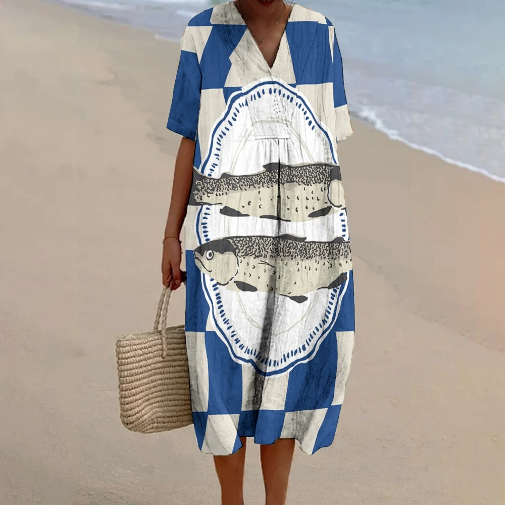 luxury brand designer dress 2024 fish printed Vintage V Neck A-line Elegant Dresses Venezuela Hawaii Beach Office Elegant Dress