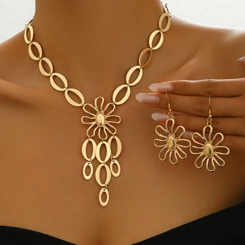 3 قطعة/مجموعة من أقراط قلادة على شكل زهرة بتصميم مجوف شخصي، هدايا مجوهرات للحفلات على الموضة للنساء #1