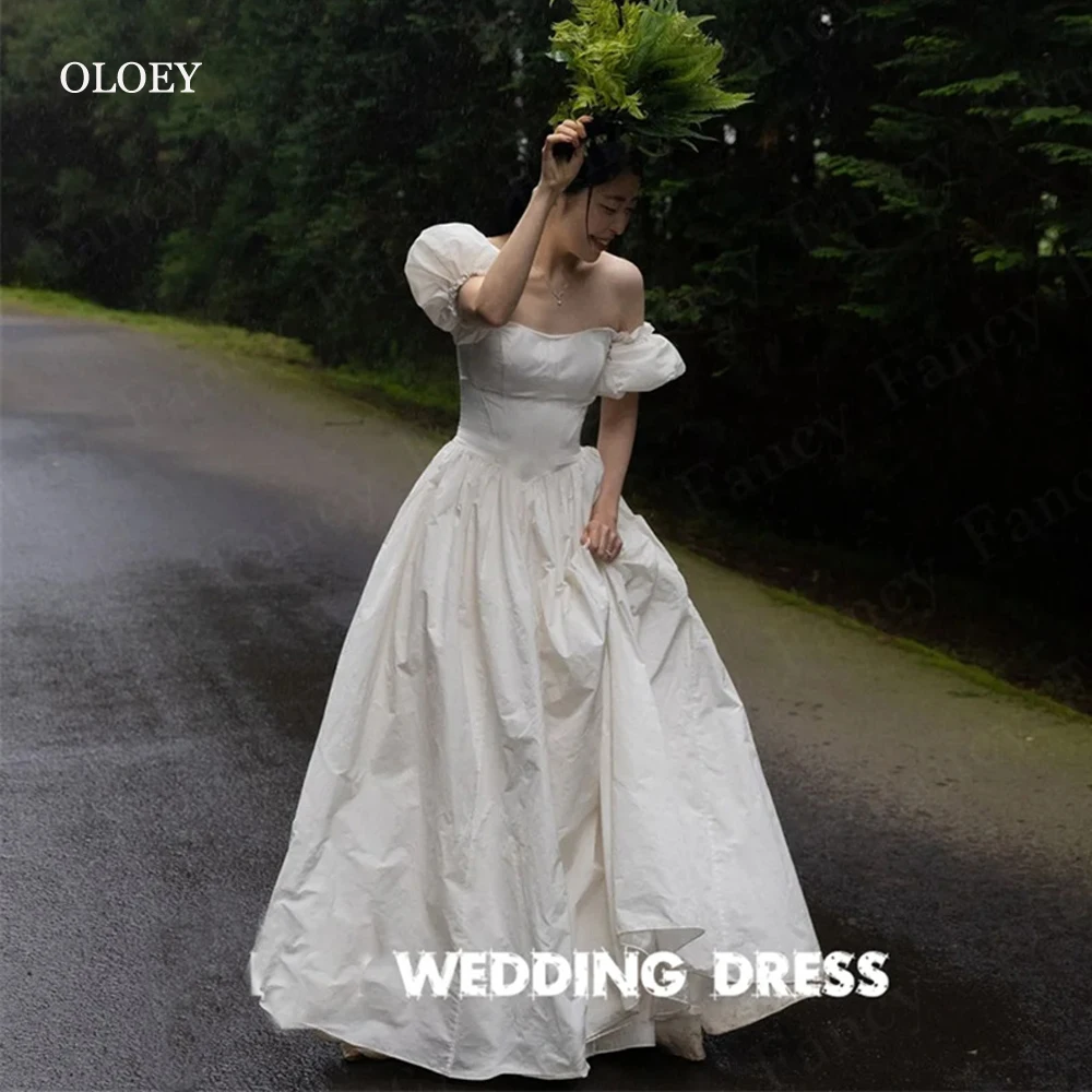 OLOEY Simple A Line Taffeta Wedding Dresses Korea Photoshoot Short Sleeves Corset Back Floor Length Bridal Gowns Plus Size